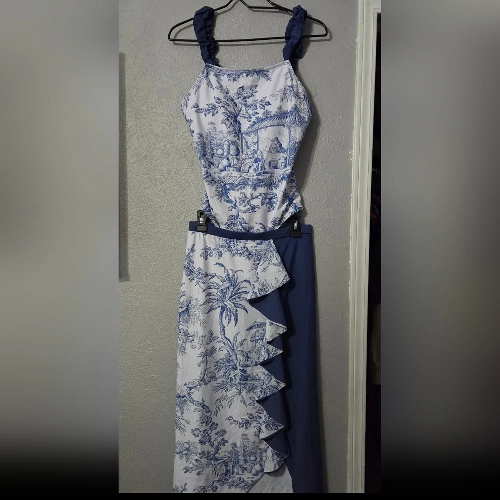 Blue and White Ruffled Swimsuit and Skirt Set - Picture 2 of 2